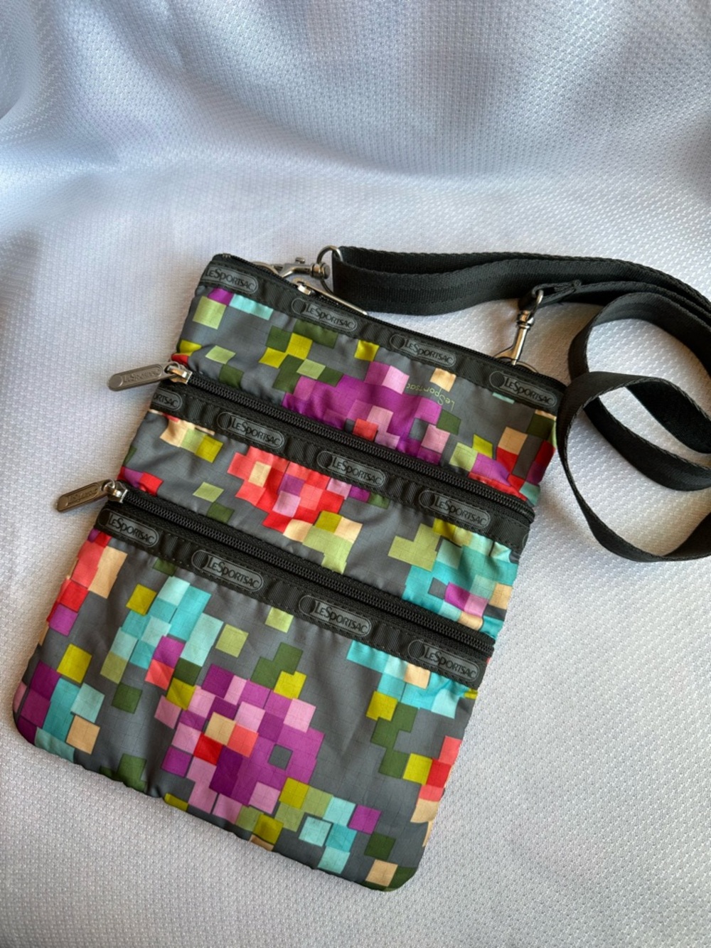 LeSportsac Kasey Gray Crossbody with Multicolor Pixel Floral Print
